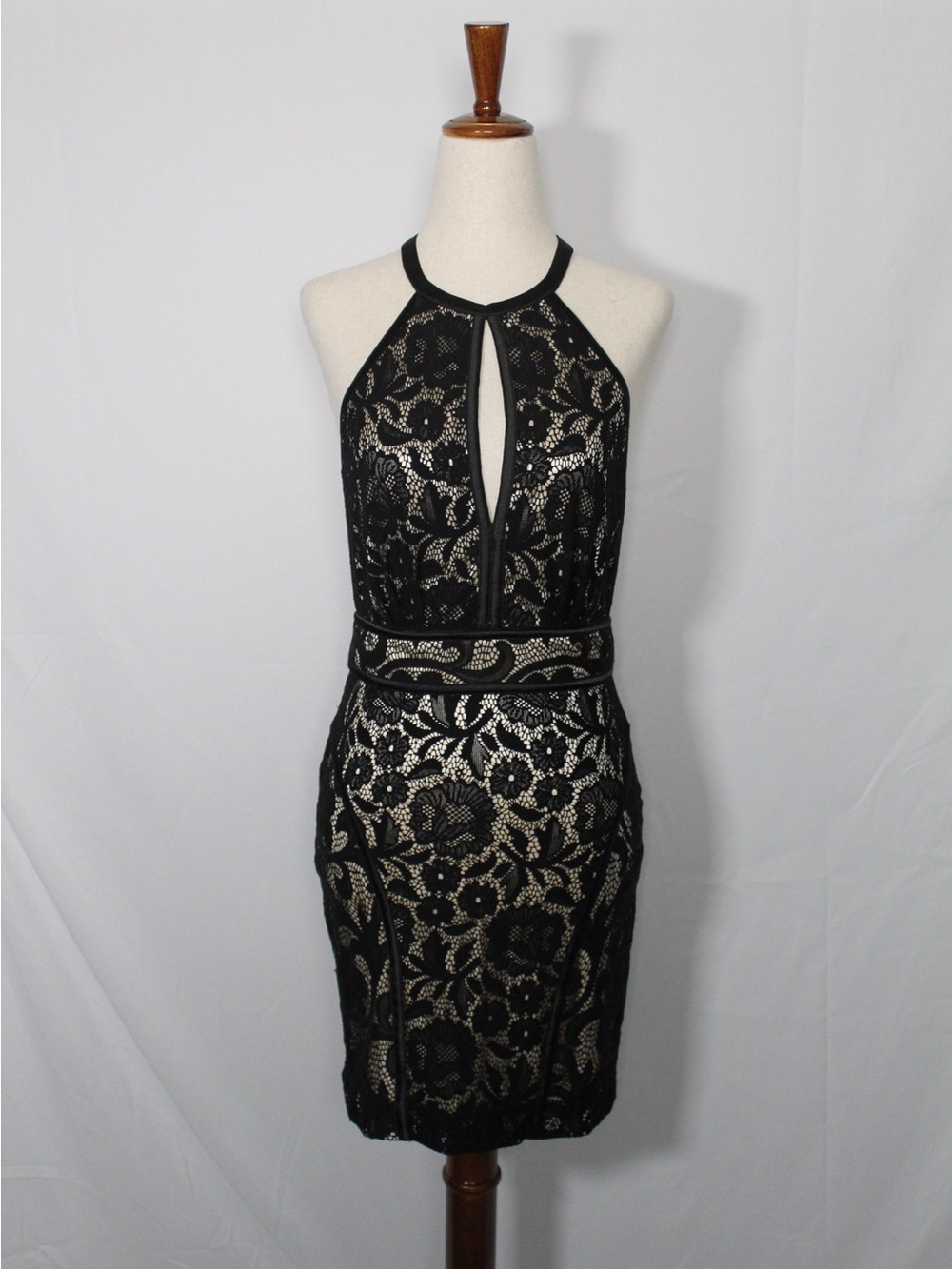 Y2K bebe Black Lace Halter Mini Dress with Nude Lining